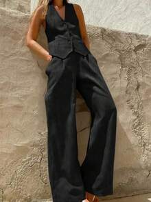 2 piezas Conjunto de top ajustado sin mangas de escote en V profundo + pantalones de pierna ancha de cintura alta, traje casual de lino, estilo retro rosa de verano - Negro - Ver 1