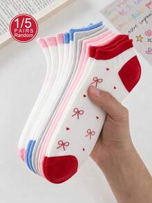 1/5 pares de calcetines de mujer de corte bajo de unicolor con lazo y corazón, suaves, cómodos, transpirables y de estilo escolar, adecuados para uso diario - Multicolor - Ver 1