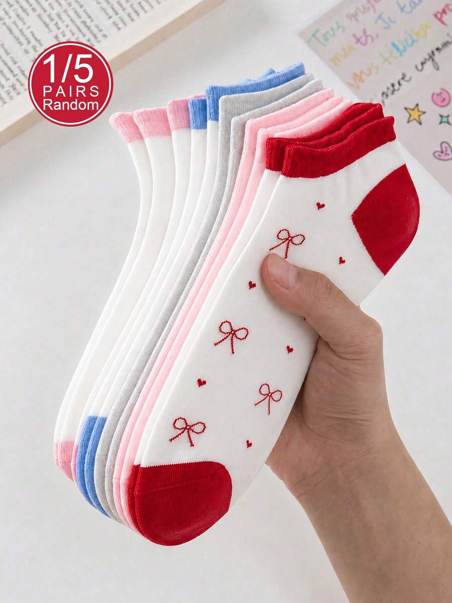 1/5 pares de calcetines de mujer de corte bajo de unicolor con lazo y corazón, suaves, cómodos, transpirables y de estilo escolar, adecuados para uso diario - Multicolor - Ver 1