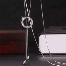 1pc Fashion Rhinestone Geometric Circle Shape Long Necklace, Sweater Chain - Silver - View 2