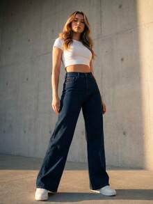 Women's Wide Leg Jeans, High Waist, Comfortable, Dark Blue - 深色水洗藍 - 查看 8