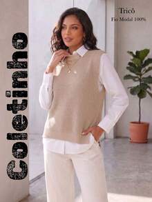 Women's Knitted Vest With Ribbed Crew Neck, Sleeveless, Casual And Elegant Knitwear For Autumn/Winter - 沙 - 查看 1