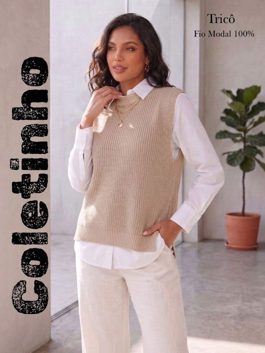 Women's Knitted Vest With Ribbed Crew Neck, Sleeveless, Casual And Elegant Knitwear For Autumn/Winter - 沙 - 查看 1
