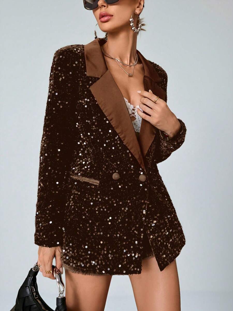 Blazer/chaqueta con diseño elegante de tela suelta con parches de lentejuelas - Marrón - Ver 1