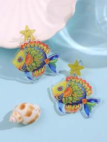 1 par de pendientes de botón creativos con diseño de pez, patrón abstracto colorido de criatura marina de dibujos animados, estilo bohemio, único y divertido, joyería casual y versátil para mujer para fiestas - Multicolor - Ver 4