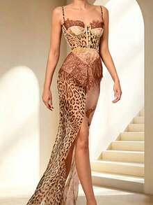Vestido Tirantes Leopardo Espalda Descubierta 2026 - Café - Ver 5