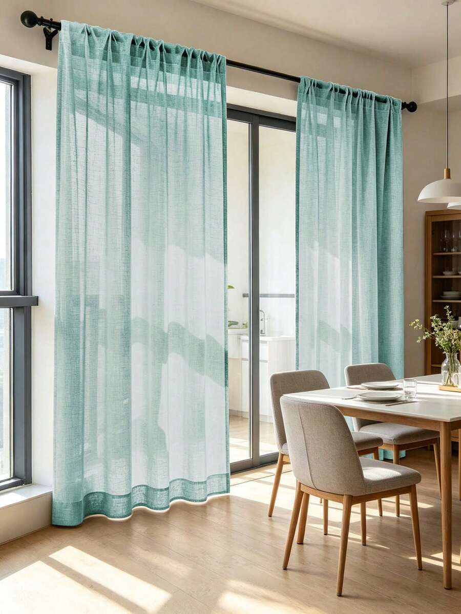 1pc/2pcs Linen Style Semi-Sheer Curtains, Faux Linen Texture Semi-Blackout Curtain Panels, Suitable For Living Room Bedroom, Faux Linen Semi-Sheer Curtains, Linen Blend Blackout Curtain Fabric, Modern Faux Linen Texture Semi-Sheer Curtains, Suitable For Living Room Bedroom Home Decor - Green - View 1