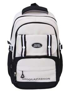 Large Capacity Color Block School Backpack | Beige & Black Bag With Logo & Striped Details | School/Travel/Commute | Bag,Y2k - Multicolor - View 12