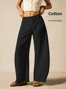 Pantalones anchos de uso diario de unicolor con bolsillo y botón, versátiles y casuales para mujeres - Negro - Ver 1