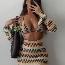 dahkjdgajy Swim  Set de 3 piezas Conjunto de bikini y pareo sexy y colorido con diseño de rayas huecas para mujer, para primavera/verano - Multicolor - Ver 3