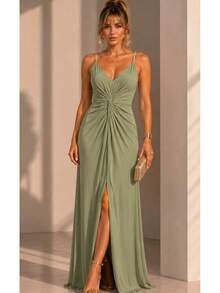 Inexpensive Bridesmaid Dress For Parties, Guests, Receptions, Graduations, Without Glitter, With Thin Rhinestone Straps. - Olive Green - View 1