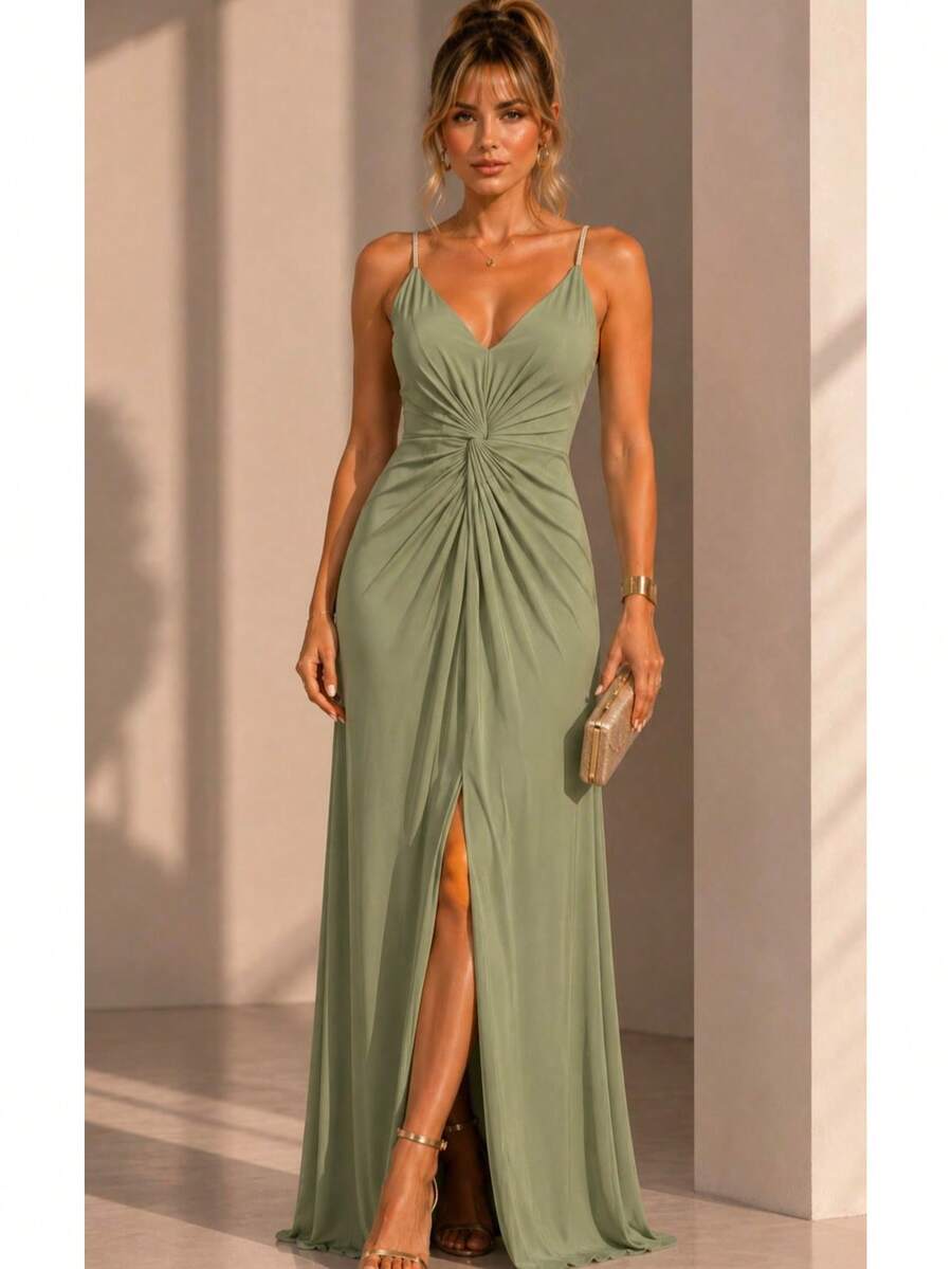 Inexpensive Bridesmaid Dress For Parties, Guests, Receptions, Graduations, Without Glitter, With Thin Rhinestone Straps. - Olive Green - View 1