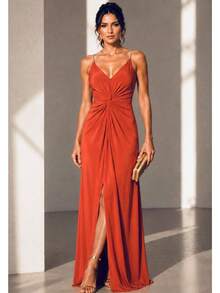 Inexpensive Bridesmaid Dress For Parties, Guests, Receptions, Graduations, Without Glitter, With Thin Rhinestone Straps. - Terracotta - View 1