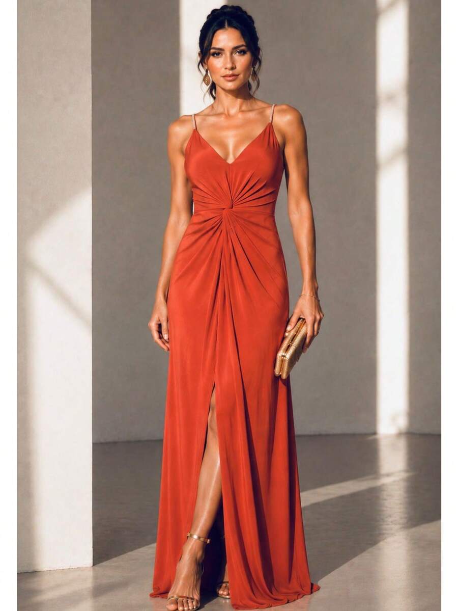 Inexpensive Bridesmaid Dress For Parties, Guests, Receptions, Graduations, Without Glitter, With Thin Rhinestone Straps. - Terracotta - View 1