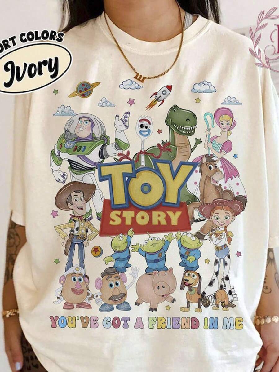 Disney Fashion Prints, Colorful Letters ToyStory Toy Story Retro Poster Wind T-Shirt Printed T-Shirt, Soft Texture,Holiday Gifts. - 白色 - 查看 1