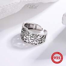 925 Sterling Silver Vintage Hollow Flower Design Open Ring, Smooth Finish, Adjustable, Suitable For Daily Wear, Party, Gift For Family And Friends, Birthday, Holiday - Gift Box - Antique Silver - View 9