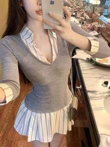 Women's Summer French Polo Shirt Collar Sleeveless Slim Shirt Dress With Belt, Elegant Style. - Grey - View 6