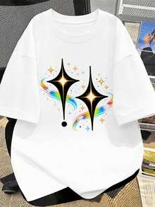 T-Shirt With Star Print For Spring, 100% Cotton, Art Print, Street Hip-Hop, Breathable, New Product - White - View 2