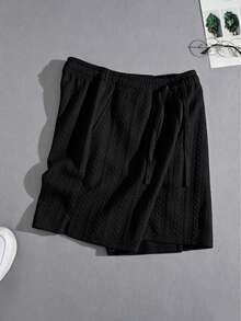 Shorts de punto texturizado para hombre para la temporada de vuelta a la escuela, shorts de uso diario con cintura con cordón, diseño de abertura lateral - Negro - Ver 9