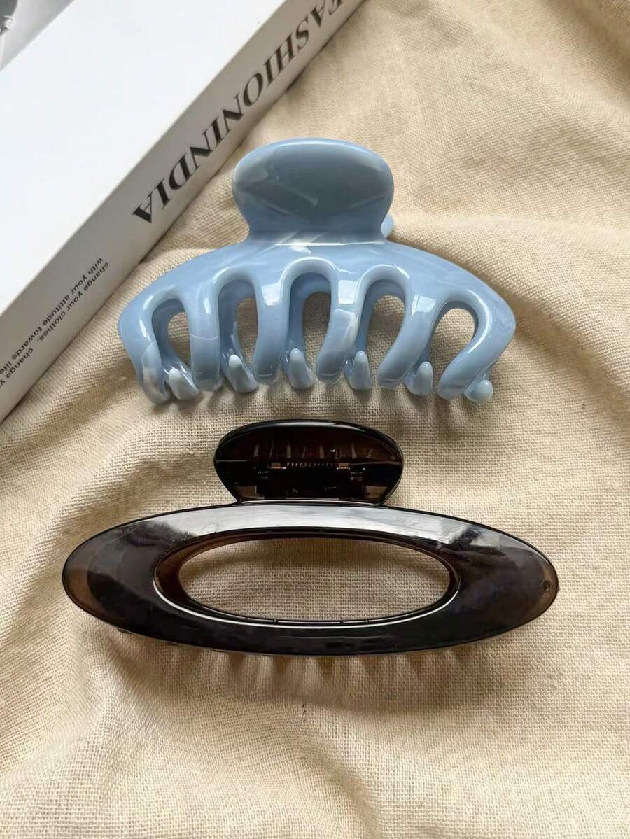 2件/1件 女款 11.1cm/4.37in 藍色龍骨造型 茶色橢圓大號精緻加厚髮夾 輕量塑料髮夾 時尚百搭 高端優雅 極簡風格 純色髮夾 浴室髮飾 適合日常外出休閒派對通勤海灘度假 紮馬尾盤髮洗臉沐浴化妝搭配衣著使用 頭飾配件髮夾