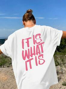 Plus Size, Ms. Xia's bedrucktes, lässiges, übergroßes T-Shirt mit Rundhalsausschnitt und überschnittenen Schultern, bequemes, locker sitzendes, leicht dehnbares Oberteil - Weiss - Übersicht 3