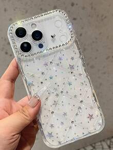 Luxury Quilted Rhinestone Frame With Sparkling Star Transparent Full Coverage Shockproof Phone Case Protective Cover Compatible With IPhone 17 Pro Max 17e 13 14 15 16e - Clear - View 5
