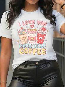 Tricou damă din bumbac pur, cu mânecă scurtă, imprimare grafică cu cană de cafea drăguță "I Love You", top casual pentru purtare zilnică - alb - Vizualizare 1