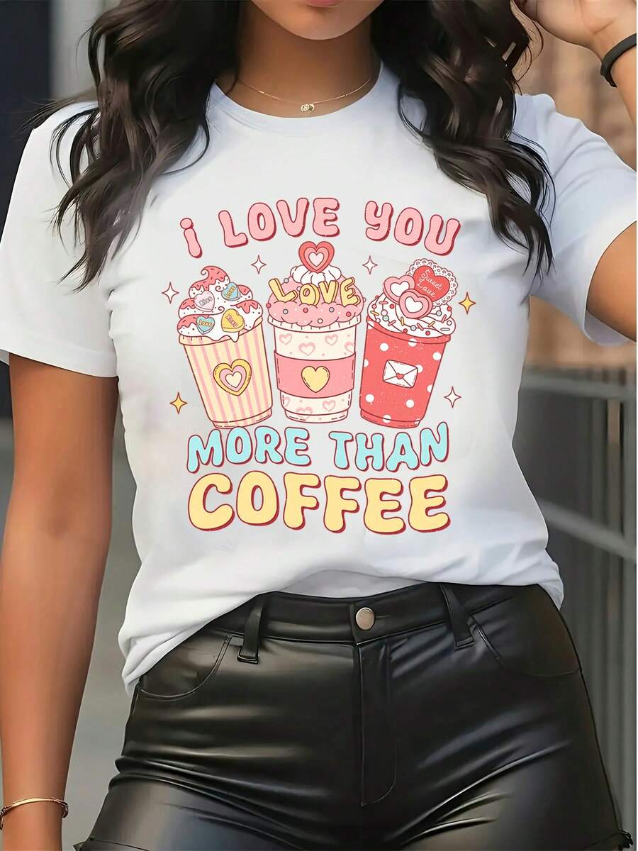 Tricou damă din bumbac pur, cu mânecă scurtă, imprimare grafică cu cană de cafea drăguță "I Love You", top casual pentru purtare zilnică - alb - Vizualizare 1