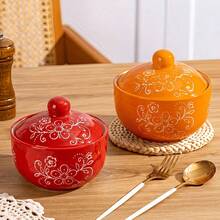 NTKOW 1 Piece Boho Hand-Painted Ceramic Casserole Bowl With Lid, 4.65-Inch Single Serving Stew Bowl, Microwave & Refrigerator , Perfect For Steamed Eggs, Soup, Bird's Nest, Family Meals, Holidays & Daily Home Use - View 6