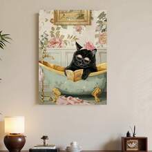 Enmarcado Encantador  de un gato negro en la bañera leyendo un libro - Decoración de pared original para el hogar, la oficina o la cafetería | Regalo perfecto para las fiestas, el Día de la Madre o la graduación | Enmarcado y listo para colgar | Decoración de gatos - Enmarcado - Ver 2