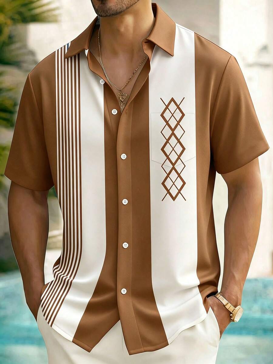 Vintage Bowling Stripe Geometric Print Men's Button Pocket Shirt