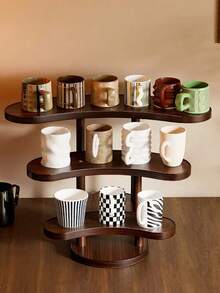 1pc-Walnut Wood Multi-Functional Desktop Storage Vertical Shelf, Tea Set Storage Shelf, Vintage Solid Wood Makeup Organizer, Multi-Layer Display Rack, Vanity Perfume And Skincare Storage Shelf, Multi-Functional Storage Rack, Wooden Jewelry And Accessories Display Tray, Beauty Display Tray, Suitable For Living Room, Shoe Cabinet, Entryway - Multicolor - View 3
