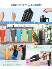 12 ống hút thay thế, 5 nắp ống hút kèm bàn chải, tương thích với bình giữ nhiệt 40oz, 30oz, 20oz, 14oz, phù hợp cho du lịch và phiêu lưu, ống hút kim tuyến tái sử dụng kèm bàn chải, màu hồng trong suốt, đen, tím, xanh dương, cam, phụ kiện cốc tương thích - Nhiều màu - Xem 7