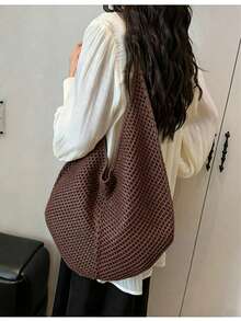 Large Capacity Crochet Shoulder Tote Bag - Lightweight, Multifunctional Knitted Handbag, Suitable For Travel, Beach, Vacation And Daily Use - Coffee Brown - View 5