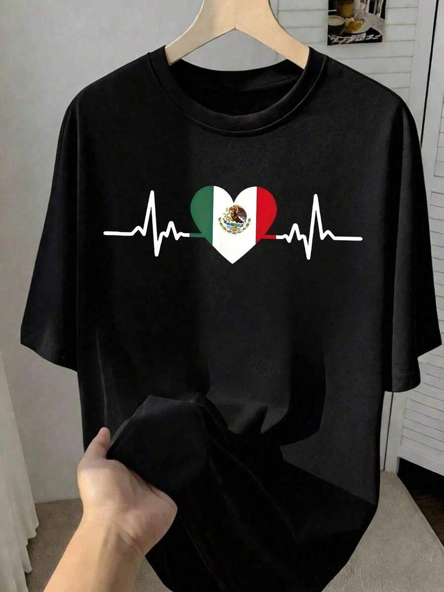 Playera Negra de México para Mujer con Estampado de Corazón y Latidos de Bandera Mexicana, Camiseta Casual de Manga Corta con Gráfico de Pulso y Orgullo Mexicano, Top Moderno de Algodón para - Negro - Ver 1