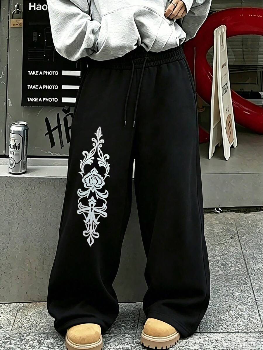 Men's Casual Loose Straight Leg Sweatpants With Printed Pattern, Suitable For Spring, Summer And Autumn Sports - Black - View 1