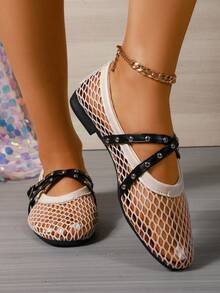 [Qishangda] Scarpe da donna con punta tonda in microfibra e rete traspirante, con cinturino singolo, piatte, taglie grandi, sandali Mary Jane in rete intrecciata, scarpe alla moda piatte con cinturino singolo e design traforato - Bianco e nero - Visualizzare 8