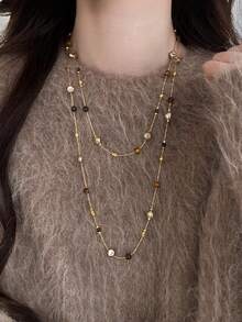 1pc Maillard Amber Tiger Eye Faux Pearl Long Necklace, Multi-Way Wear Beaded Necklace, Fashion Versatile Lightweight Luxury High-End Long Sweater Chain, Luxurious Women's Charming Jewelry, Suitable For Women's Daily And Party Wear - Multicolor - View 3