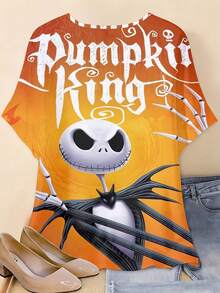 Disney, Pumpkin King Jack Skellington Halloween Character Print, Round Neck Short Sleeve T-Shirt, For Casual Wear And Holiday Parties - 彩色 - 查看 4