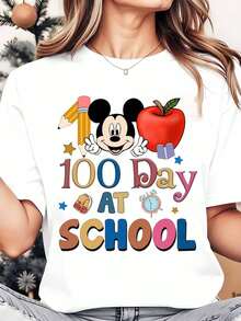 Disney Mickey Mouse 100 Day At School Apple Pencil Backpack Clock Women's Round Neck Shirt Summer Tops Comfortable Casual Women Clothes - 白色 - 查看 1