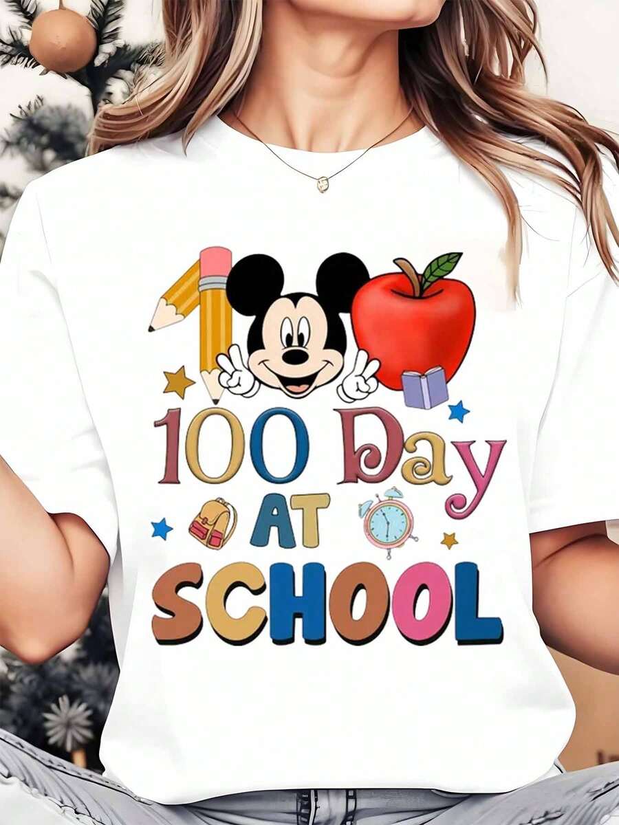 Disney Mickey Mouse 100 Day At School Apple Pencil Backpack Clock Women's Round Neck Shirt Summer Tops Comfortable Casual Women Clothes - 白色 - 查看 1