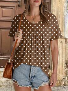 Kaos Wanita Ukuran Besar Motif Polkadot Model Kerut Kasual Lengan Pendek Leher V untuk Liburan Musim Panas - Coklat - View 2