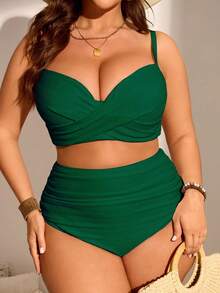 Swim Lushoire Conjunto de bikini tankini de talla de unicolor con recogido para la playa de verano - Bronce - Ver 1