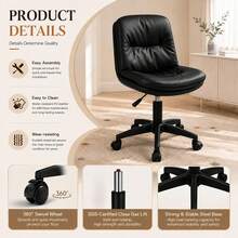 Vanity Chair With Back, PU Leather Swivel Office Desk Chair, Height Adjustable Armless Chair For Small Spaces, Bedroom, Vanity, Home Office Black - Black - View 4