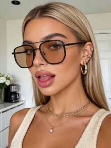 1 pieza Gafas de moda para mujer con montura de aviador de marco grande y doble puente, gafas de metal vintage de gran tamaño para mujer, gafas para conducir al aire libre y viajar, accesorio de playa para verano al aire libre - Marrón - Ver 2