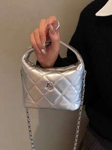 Fashion Quilted Solid Color Commuter Chain Shoulder Bag Handbag Crossbody Bag - Silver - View 3
