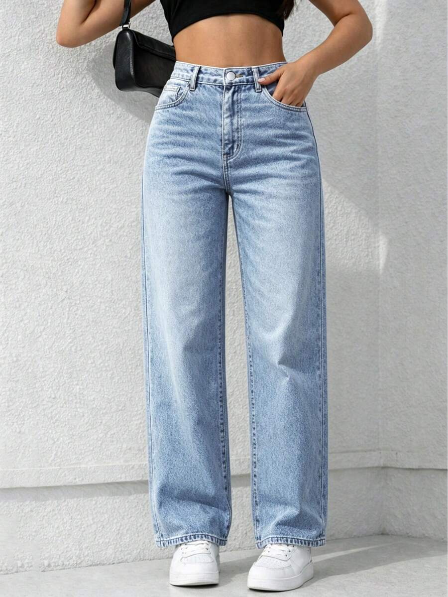 Women's Loose Stretch Washed Blue Wide Leg Jeans, All Season Commute Daily Versatile Denim Pants - Light Blue - View 1