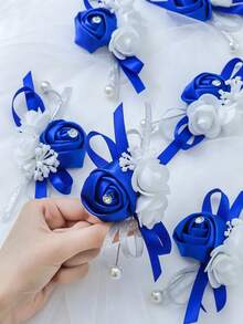 1pc/6pcs Premium Rose With Foam Baby's Breath Elegant Boutonniere Suitable For Groom, Groomsman, Father, Father-In-Law Wedding, Marriage, Engagement, Events, Parties, Banquets, Evening Parties, Anniversary - Royal Blue - View 5