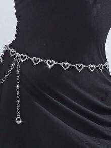 1pc Hollow Heart-Shaped Rhinestone Waist Chain, Shiny Adjustable Body Chain, Women's Dress Accessory - Silver - View 9