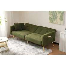 Sofa Bed With Adjustable Incline, Gold Legs, Cushions And Side Storage Pockets - 軍綠色 - 查看 6
